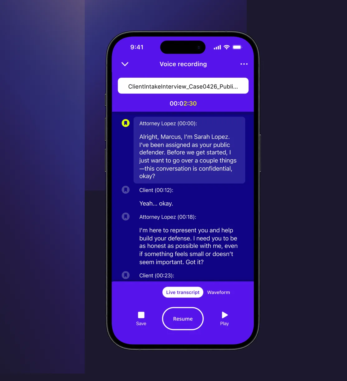 Rev mobile app recording an attorney-client intake interview with a live, speaker-labeled transcript.