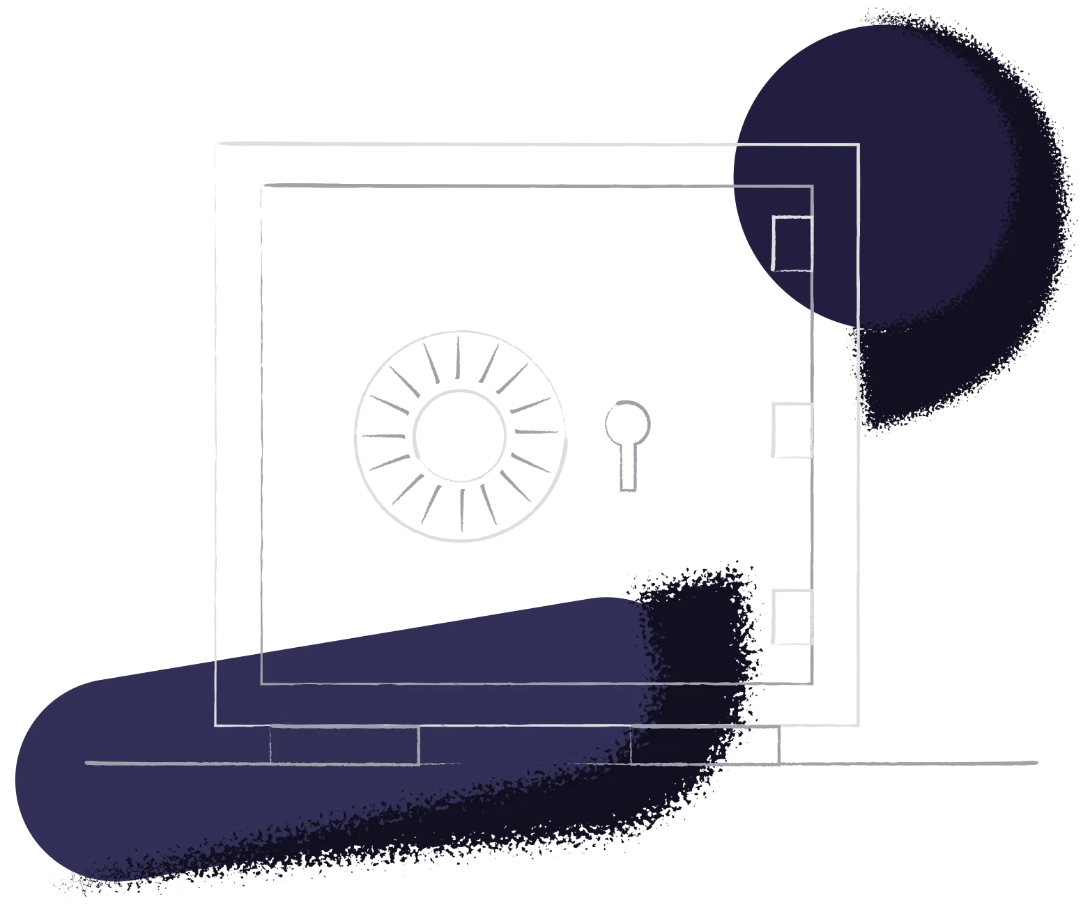 Line drawing of a safe with a combination dial and keyhole on the door.