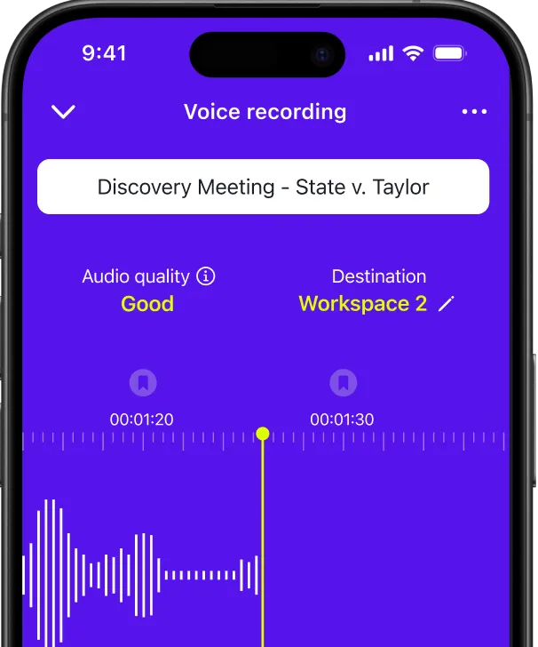 Smartphone screen showing a voice recording app with purple background, labeled 'Voice recording' for 'Discovery Meeting - State v. Taylor', audio quality marked as Good, destination set to Workspace 2, timeline with waveform and markers at 1 minute 20 seconds and 1 minute 30 seconds.
