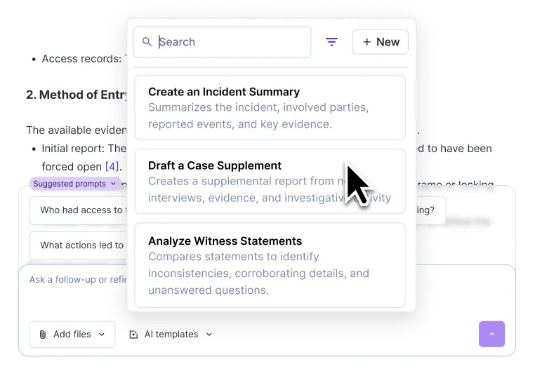 Rev Insights AI templates menu with options to create an incident summary, draft a case supplement, or analyze witness statements.