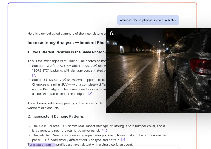 Rev Insights analyzing incident photos for inconsistencies, with a cited nighttime photo of a damaged vehicle enlarged.