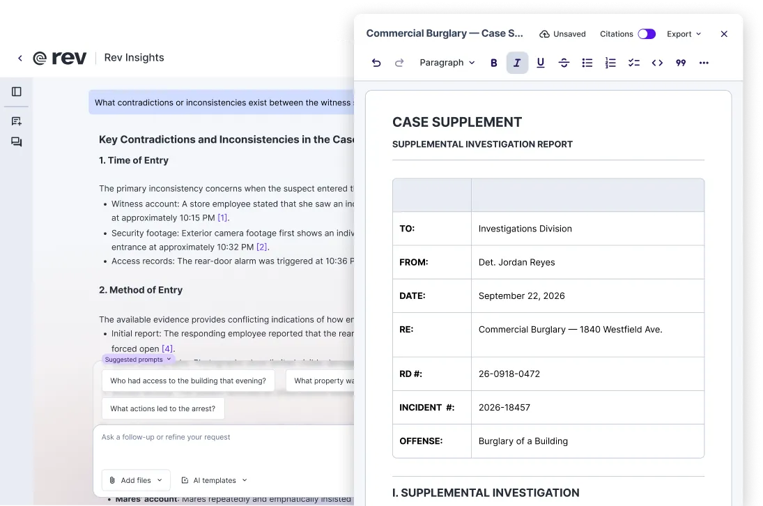 Rev Insights document editor showing an AI-drafted case supplement for a commercial burglary, with citations enabled.