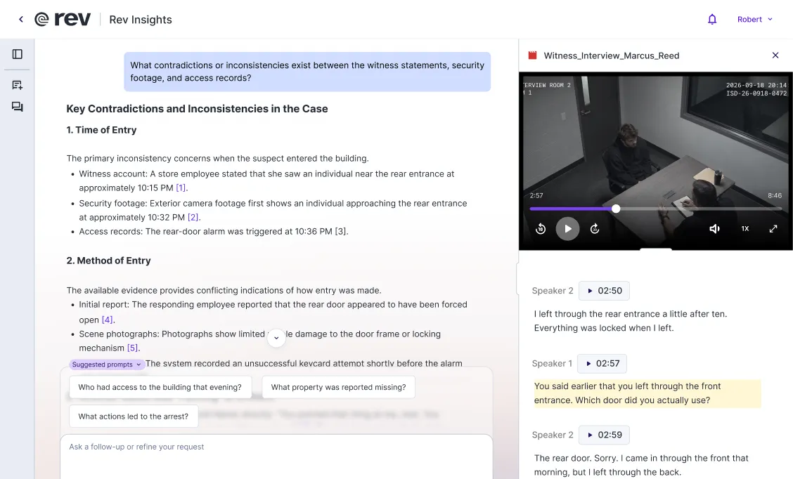 Rev Insights citation linked to a witness interview video and transcript, highlighting where the witness's account changes.