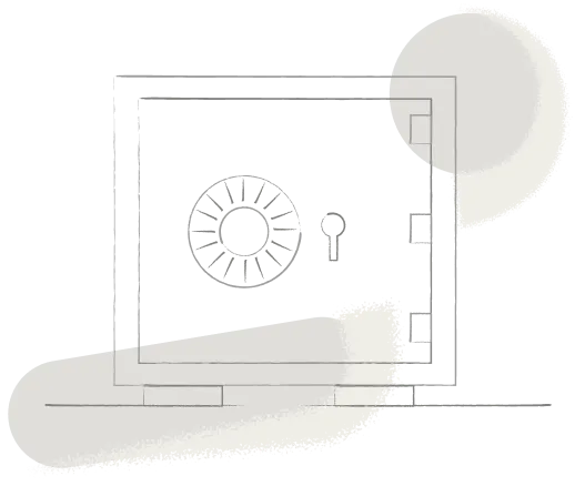Line drawing of a secure safe door with a combination dial and keyhole.