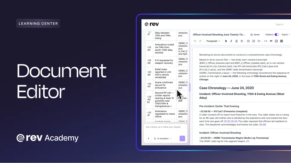 Rev Academy video: Document Editor. An AI-generated case chronology open in Rev's editor, with a timestamped event list alongside.