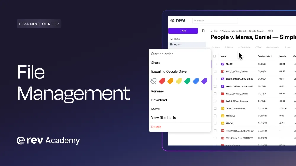 Rev Academy video: File Management. Rev file menu with options to share, rename, move, download, and export to Google Drive.