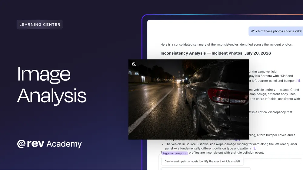 Rev Academy video: Image Analysis. Night photo of a damaged vehicle over an AI inconsistency analysis of incident photos.