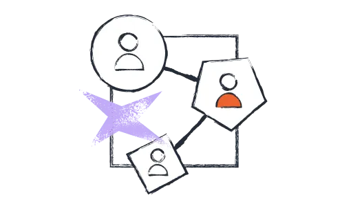 Abstract illustration of three connected user icons in different shapes with one icon showing an orange torso inside a pentagon, linked by black lines on a black square border.