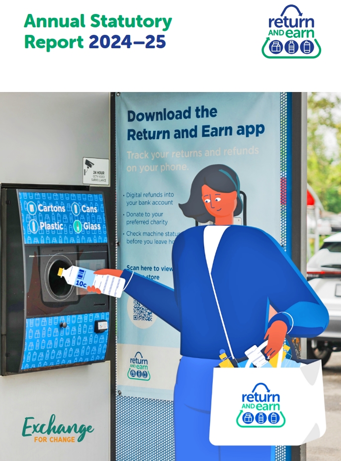 This image is the cover of the annual statutory report for 2024-25. The image consists of the title - Annual statutory report 2024-25 with the Return and Earn logo beside it. Below this, is an image of a lady recycling bottles and cans and dropping it in a machine.