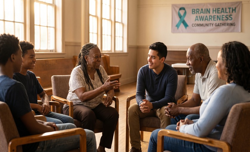 Diverse community members gathered in a circle discussing brain health awareness