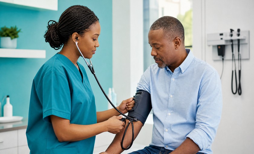 Black nurse taking blood pressure of Black male patient for hypertension screening and prevention