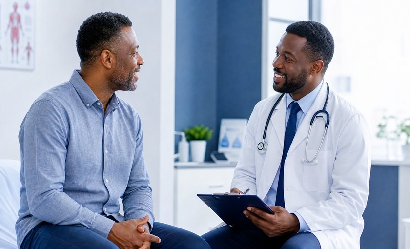 Black male patient consulting with Black male doctor during men's health screening visit