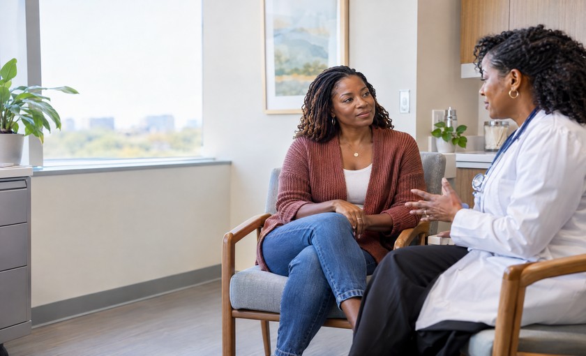 Black woman speaking with a primary care clinician about perimenopause