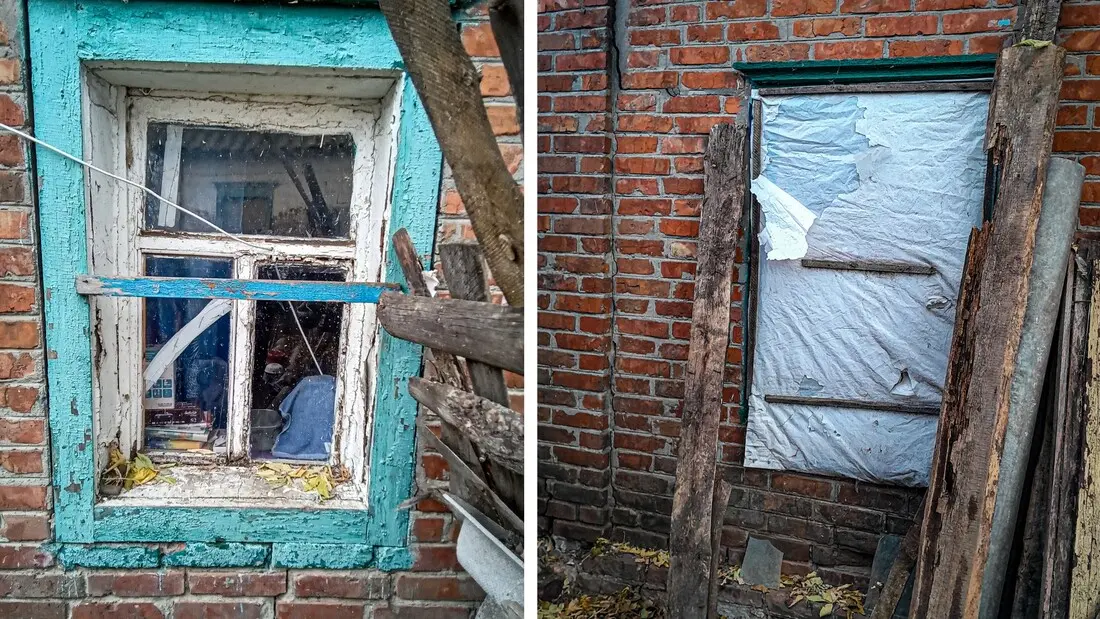 Two images showing the broken windows of an elderly woman’s home in eastern Ukraine before receiving shelter repairs.