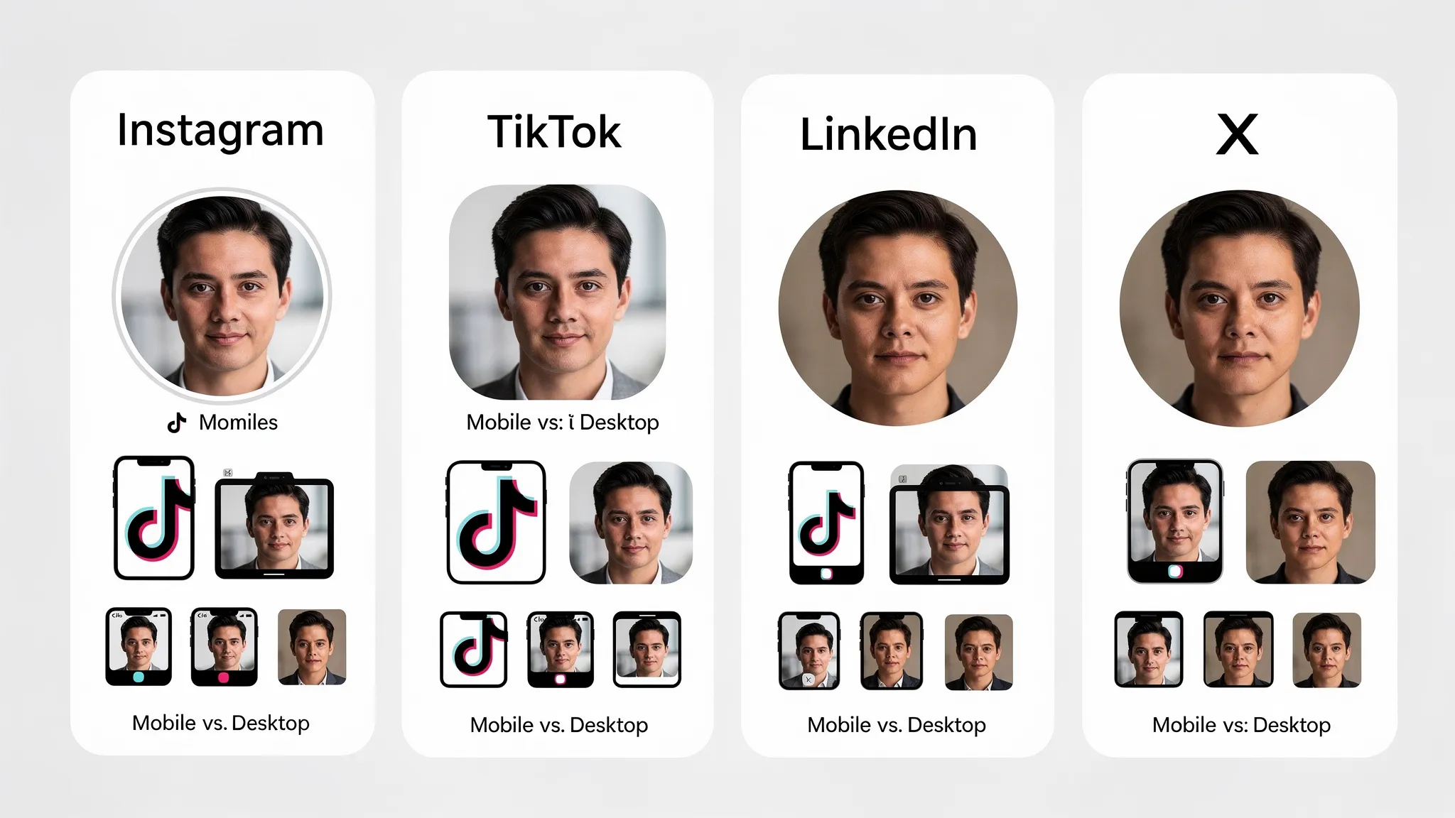 A side-by-side set of social media profile picture previews showing the same headshot cropped differently across Instagram, TikTok, LinkedIn, and X, with mobile and desktop thumbnail views to illustrate how small-size readability changes.