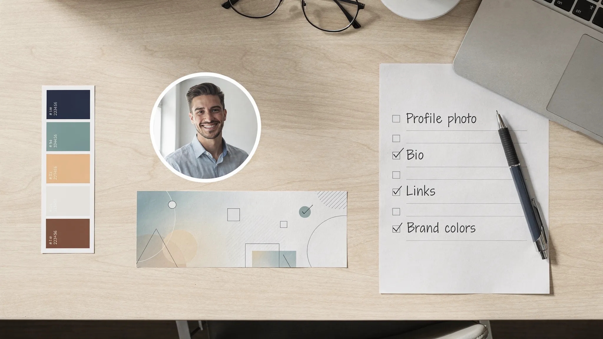 An overhead photo of a small brand kit workspace with a profile photo, a cover banner design draft, a color palette swatch, and a simple checklist on paper, representing a social media profile audit process.