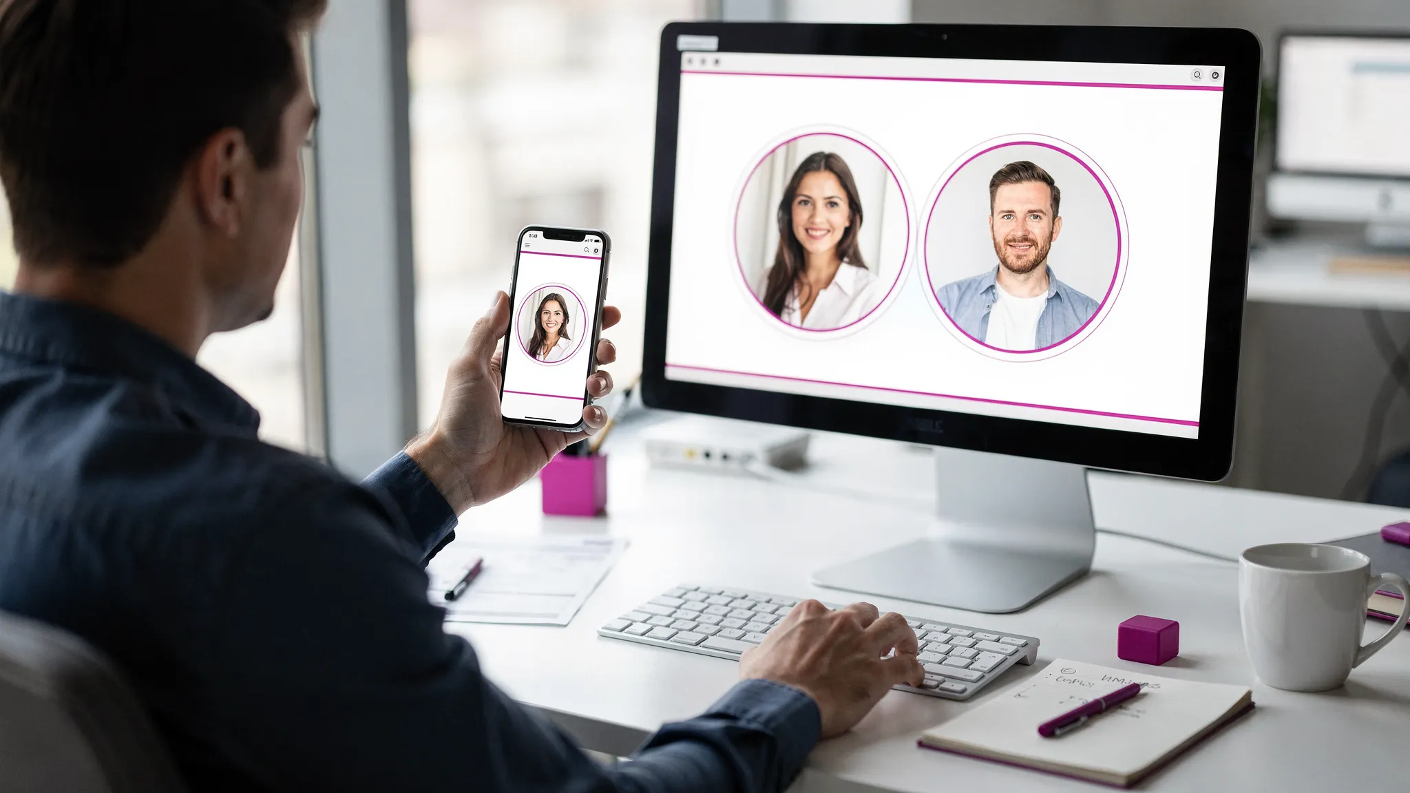 A marketer or designer reviewing two side-by-side profile picture mockups on a phone and a desktop monitor; the profile photo is centered in a circular crop and the background is clean for easy comparison.