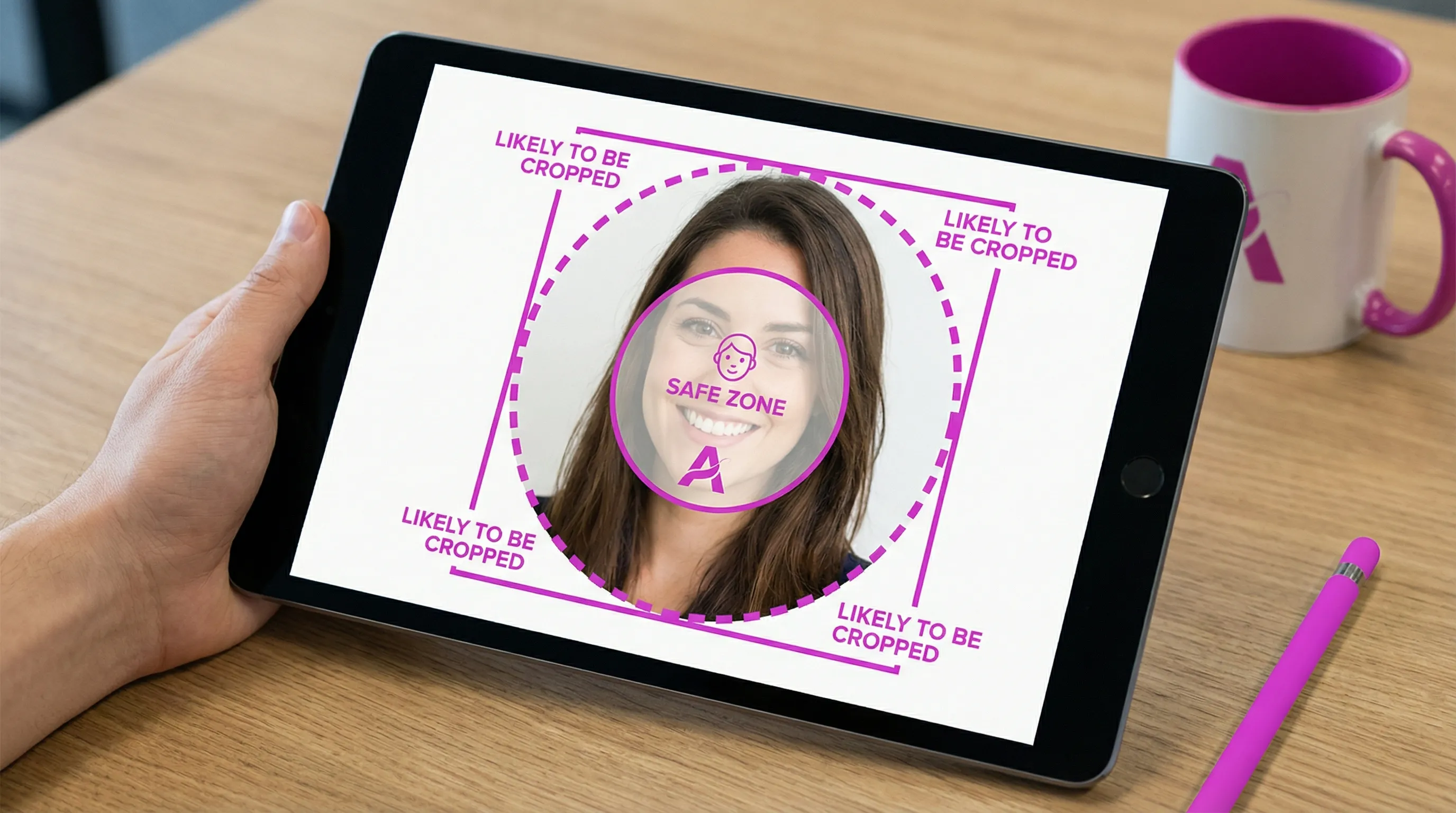 A simple diagram showing a square Instagram profile image with a circular crop overlay and an inner safe zone circle; key elements (face/logo) are centered within the safe zone while corners are marked as likely to be cropped.