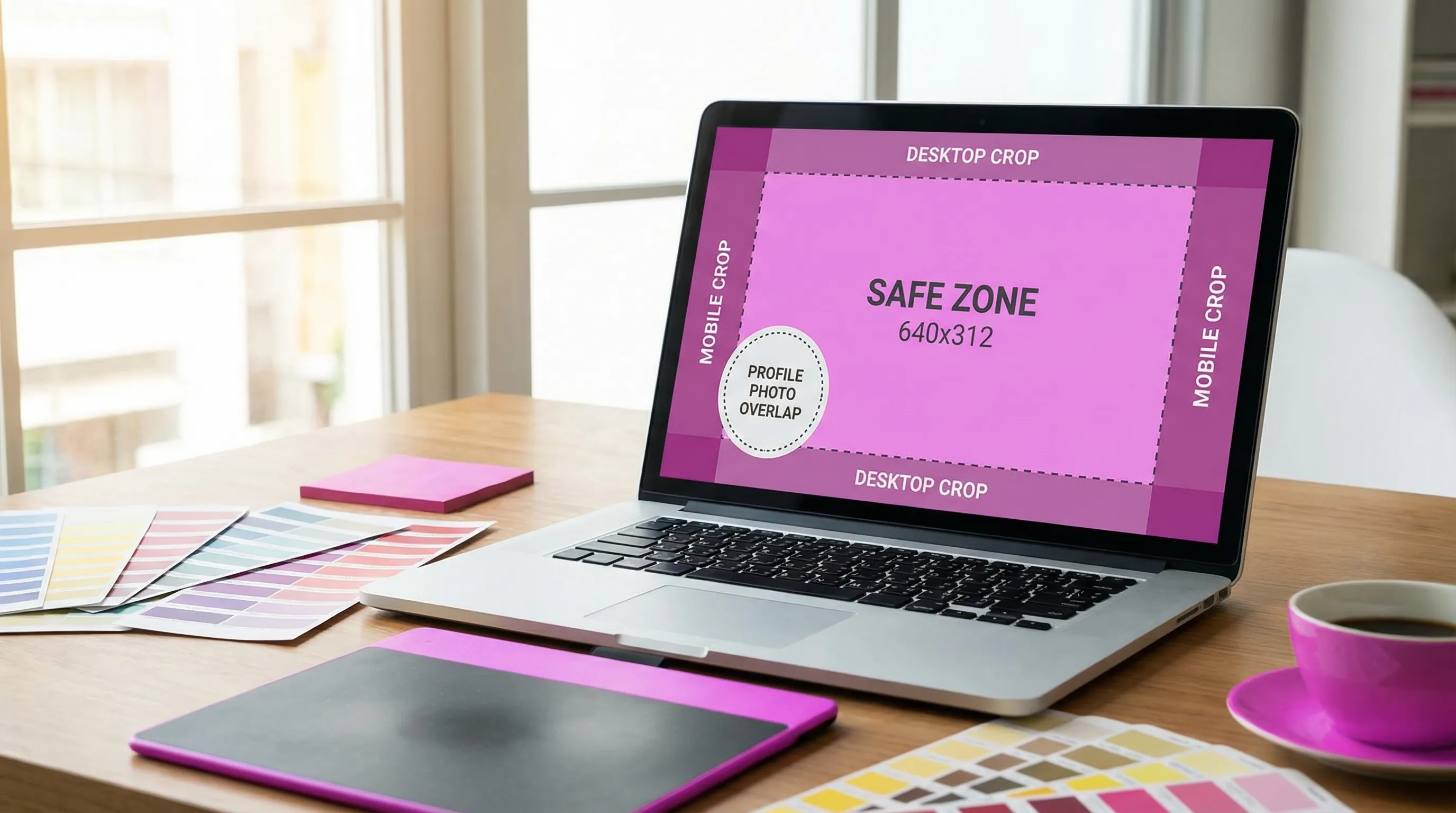 A Facebook cover photo safe zone mockup on an 820x360 canvas. The center safe area is highlighted as a 640x312 rectangle, with shaded side margins (cropped on mobile) and shaded top/bottom margins (cropped on desktop). A circular profile-photo overlap area is indicated in the bottom-left corner.