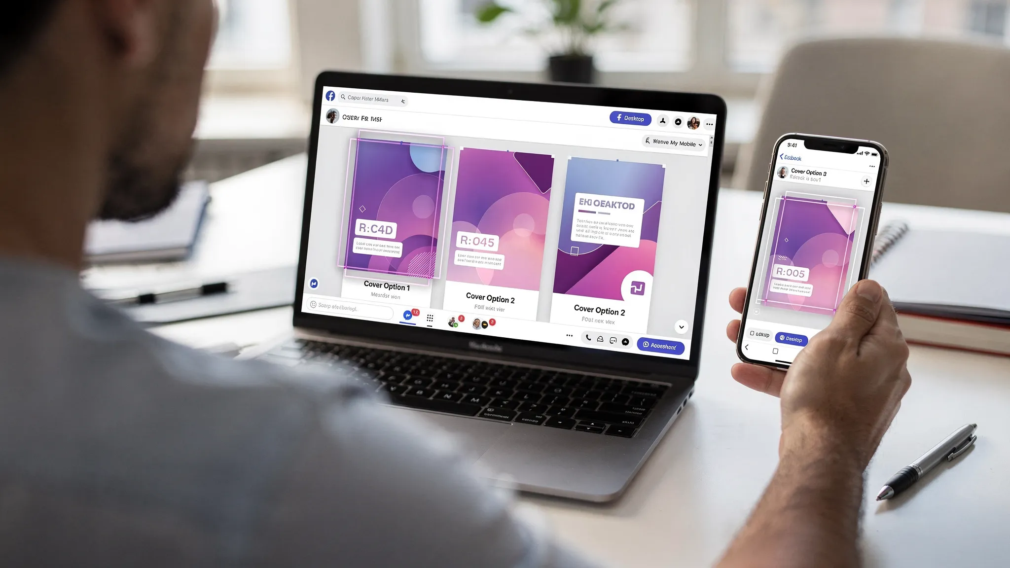 A marketer or designer reviewing multiple Facebook cover photo variations side by side on a laptop and phone mockup, with the images aligned to a highlighted safe zone and clear cropping differences between mobile and desktop. The screens face the viewer and show only simple cover-image mockups, no real brand names.