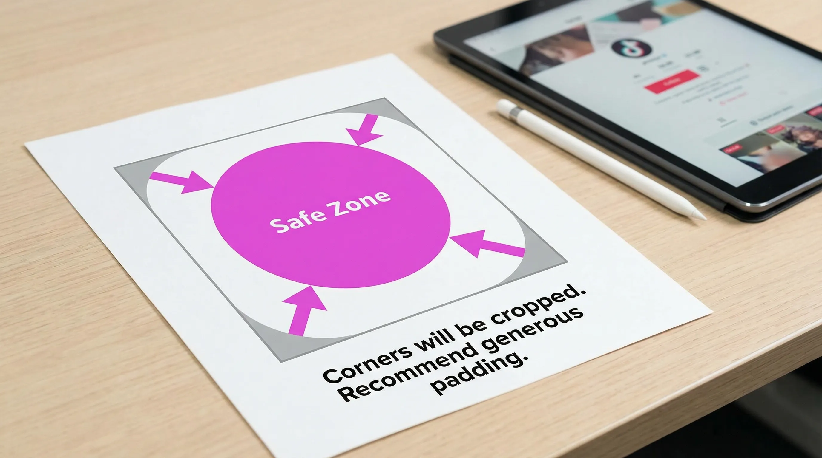 A simple diagram showing a square TikTok profile image with a centered circle “safe zone,” highlighting that corners will be cropped and recommending generous padding around the subject.