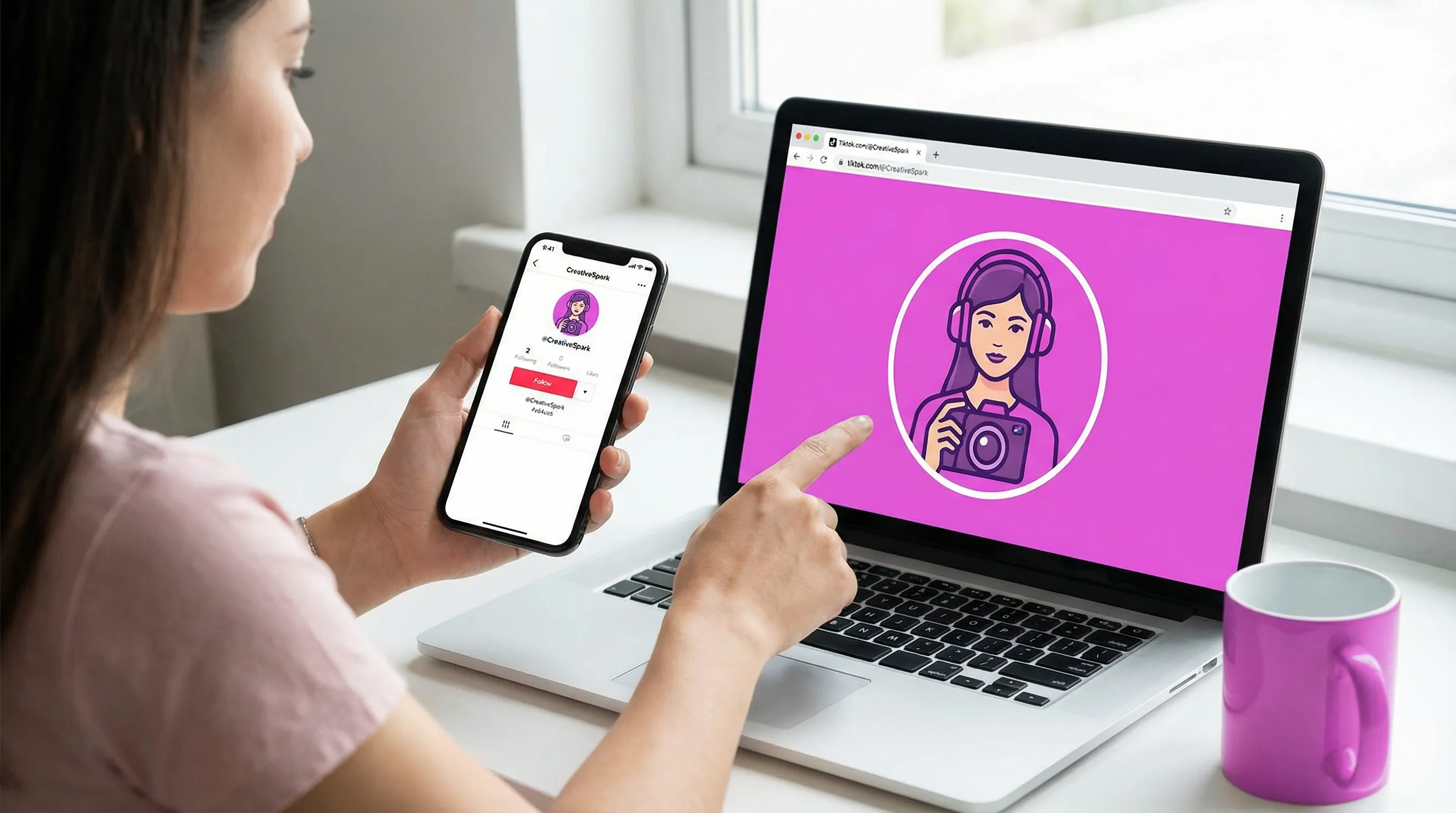 A side-by-side preview showing the same TikTok profile picture displayed as a small circular avatar on a phone interface and as a larger avatar on a desktop profile view, illustrating how cropping and readability change by device.