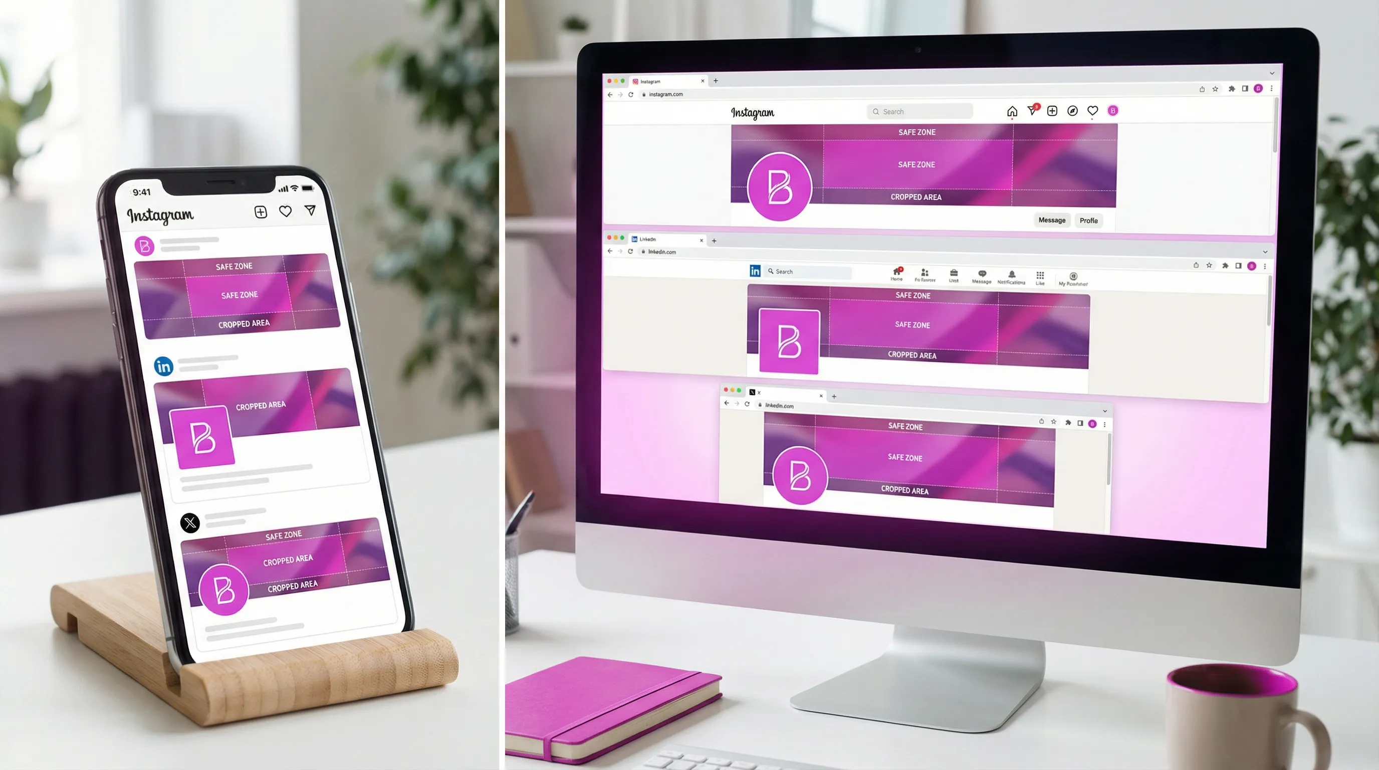 A simple side-by-side comparison of the same brand profile photo and cover banner displayed on mobile and desktop previews for Instagram, LinkedIn, and X, showing circular crop differences and banner safe zones.
