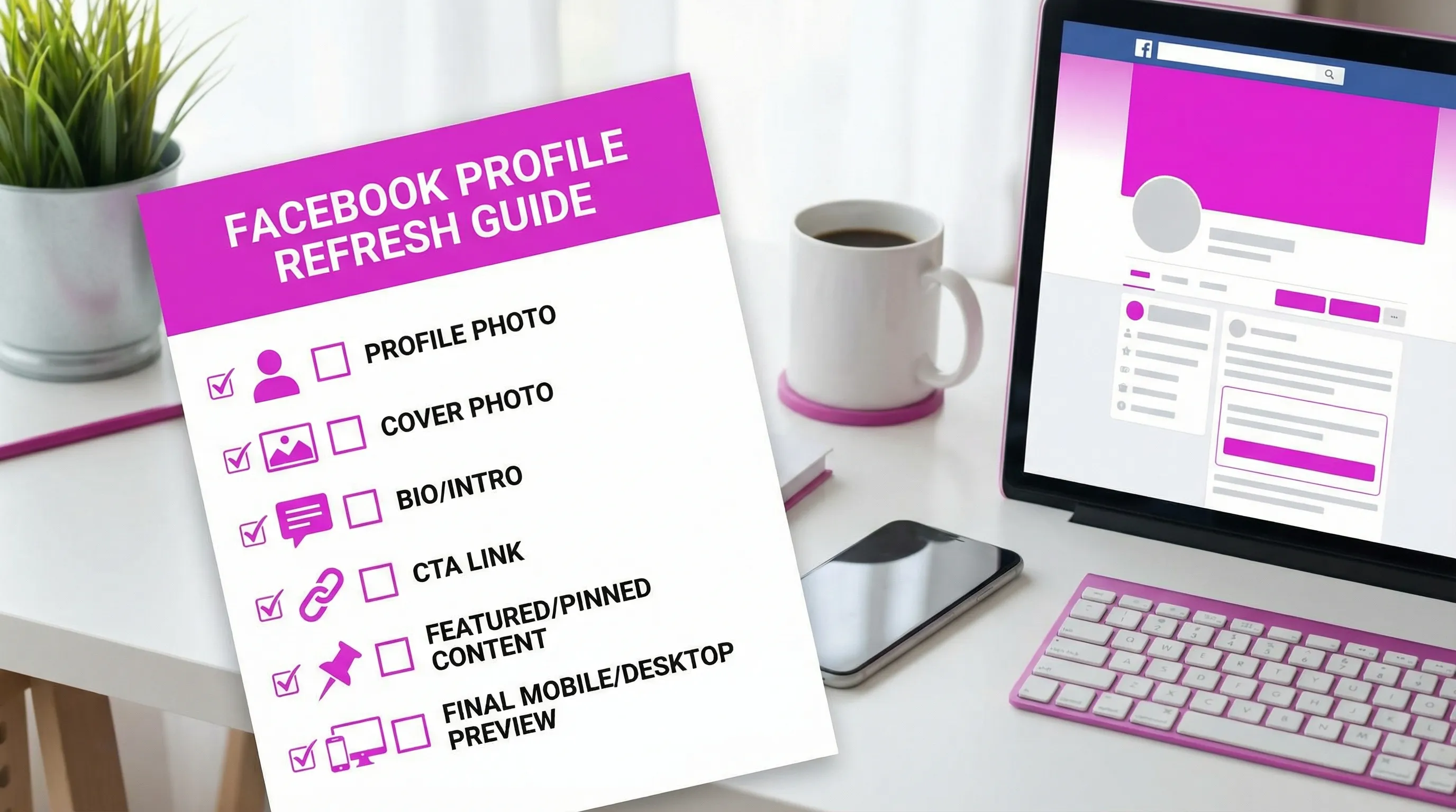 A simple checklist-style illustration showing the recommended Facebook profile refresh order: profile photo, cover photo, bio/intro, CTA link, featured/pinned content, and final mobile/desktop preview.