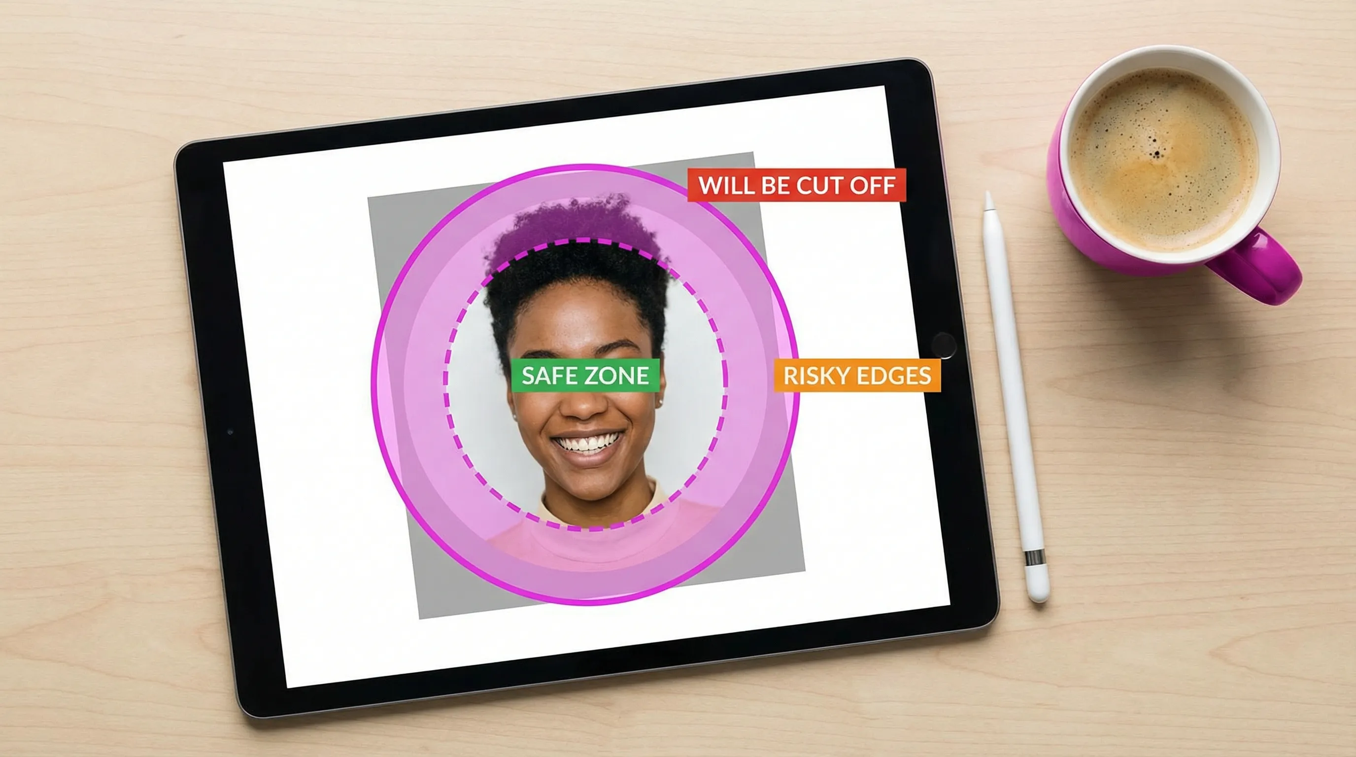 A simple visual guide showing a square profile image with an overlaid circle crop and an inner “safe zone” circle, labeling areas as “safe,” “risky edges,” and “will be cut off.”