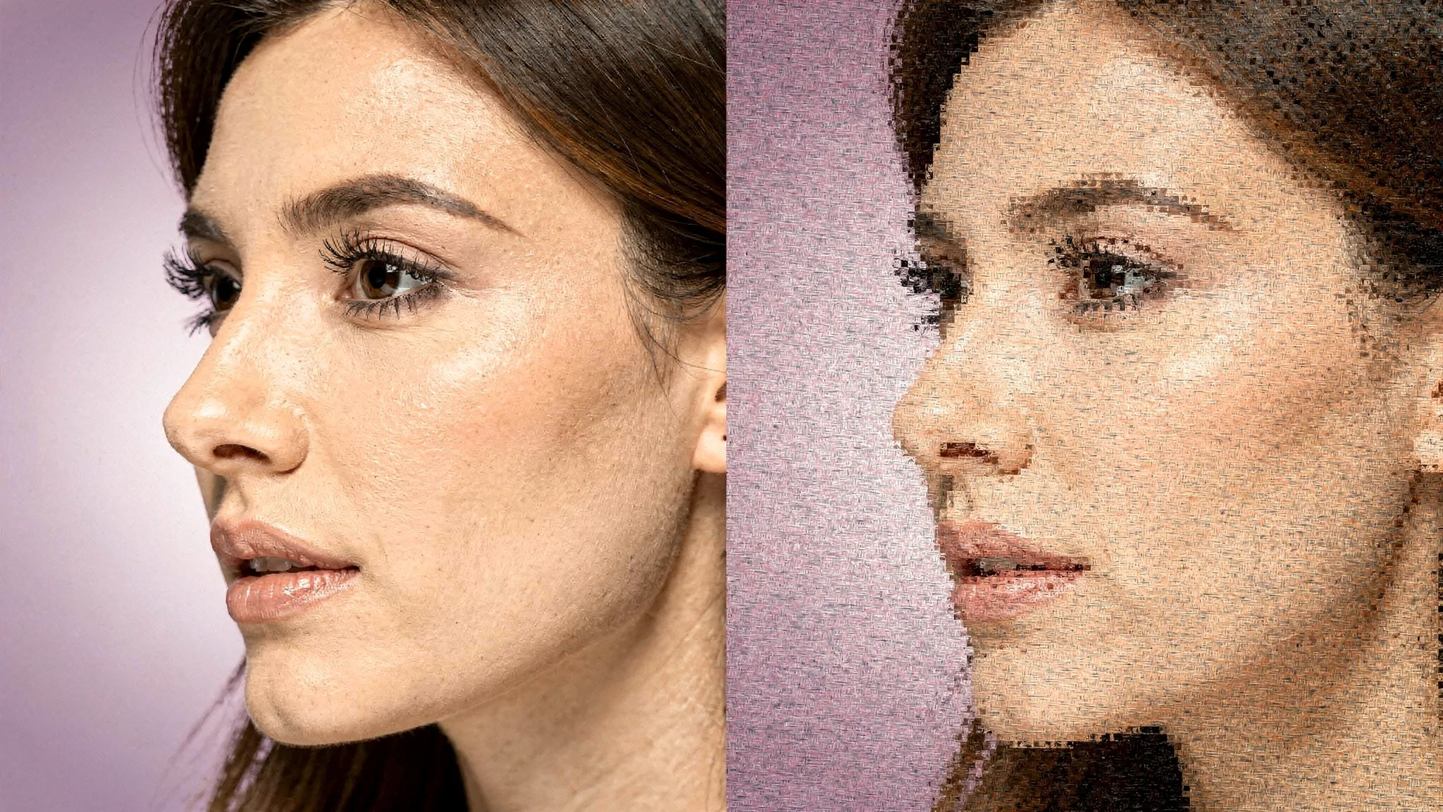 Side-by-side comparison of a sharp profile photo versus a compressed blurry version, zoomed in around facial features and hair edges to show pixelation and JPEG artifacts.