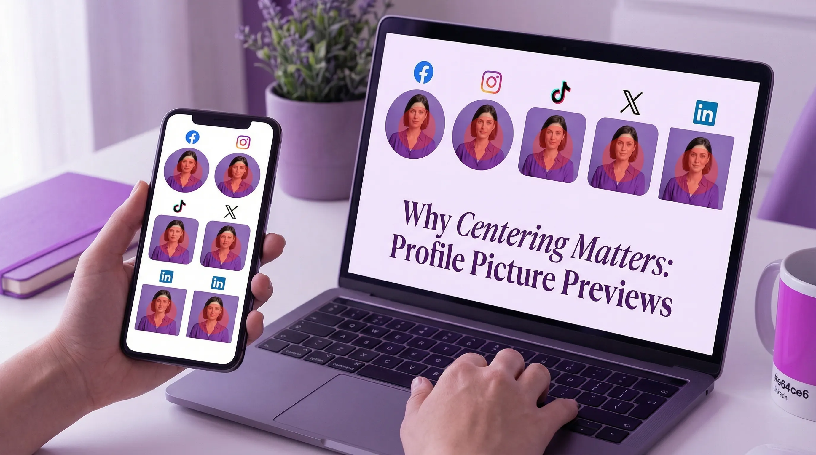 A side-by-side collage of profile picture previews on Facebook, Instagram, TikTok, X, and LinkedIn, shown on a phone and a laptop (screens facing the viewer), highlighting how the same image is cropped differently and why centering matters.