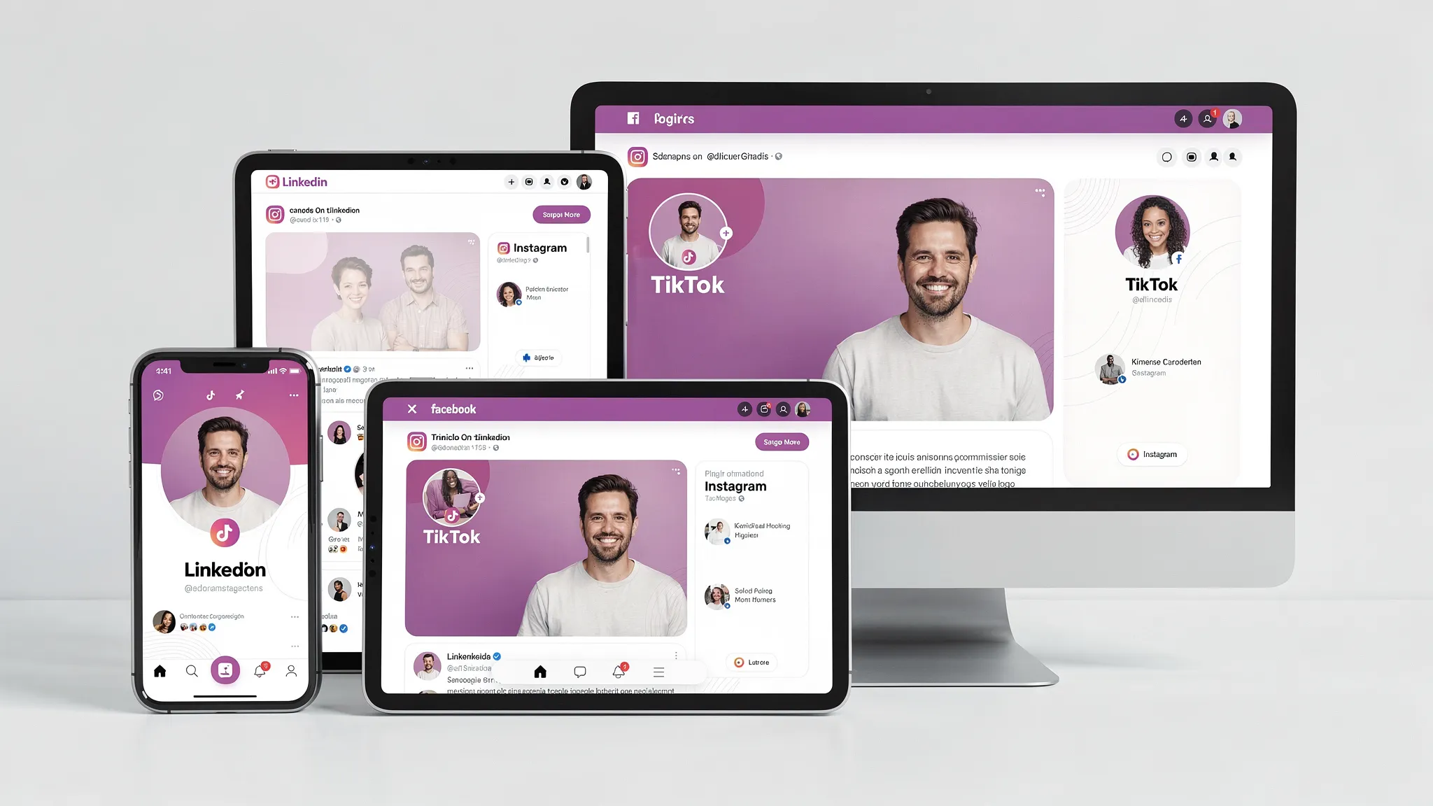 A set of device mockups (phone, tablet, desktop) showing the same profile picture previewed across LinkedIn, Instagram, TikTok, X, and Facebook. Each preview highlights the circular crop and how the background looks at small thumbnail sizes.