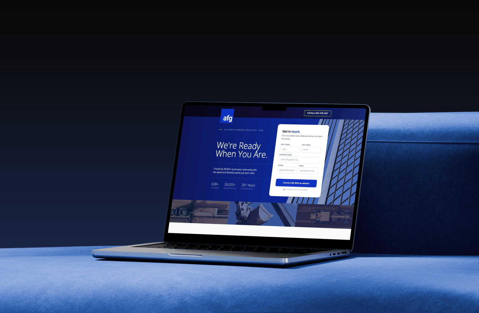 Alliance Funding Group website displayed on a laptop with a dark blue branded interface and contact form.