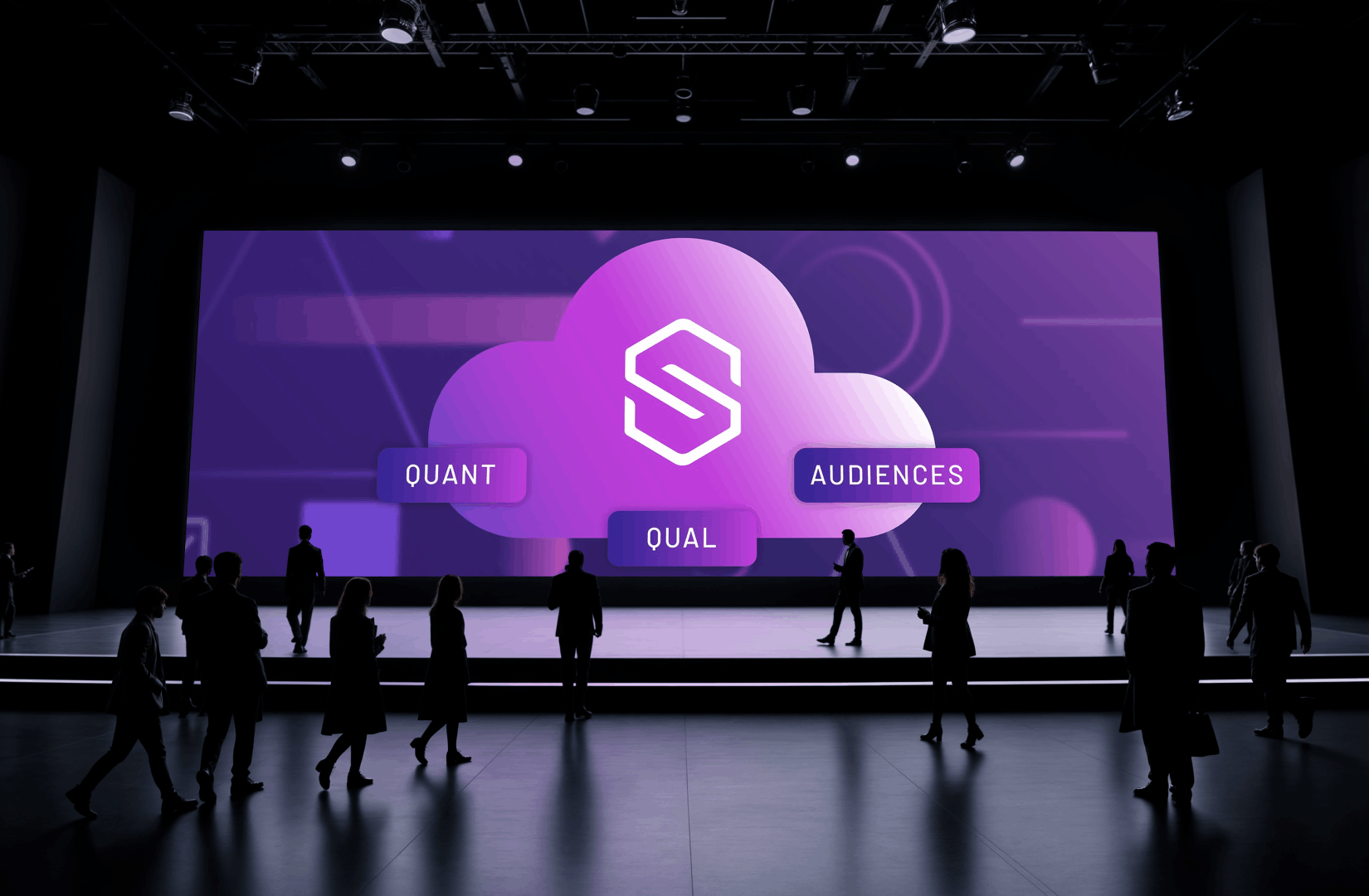 Suzy brand campaign shown on a large event screen with audience silhouettes and purple branded graphics.