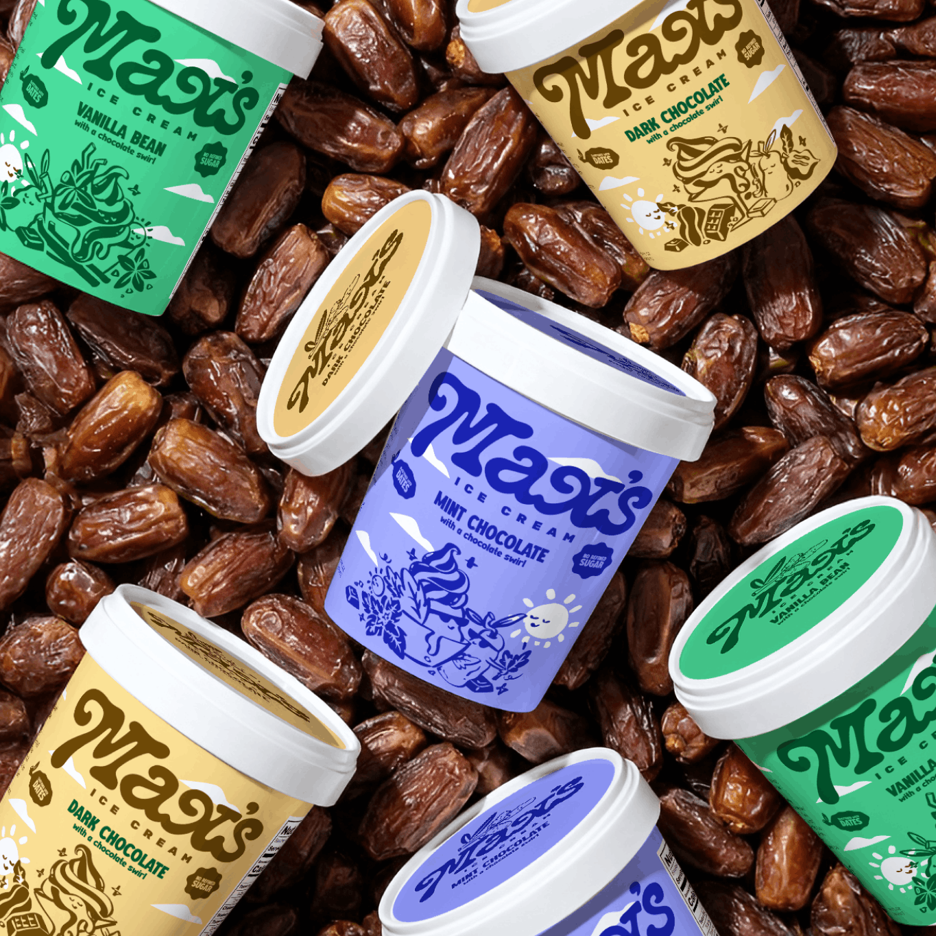 Colorful Max’s Ice Cream packaging featuring illustrated pint containers arranged over a background of dates.