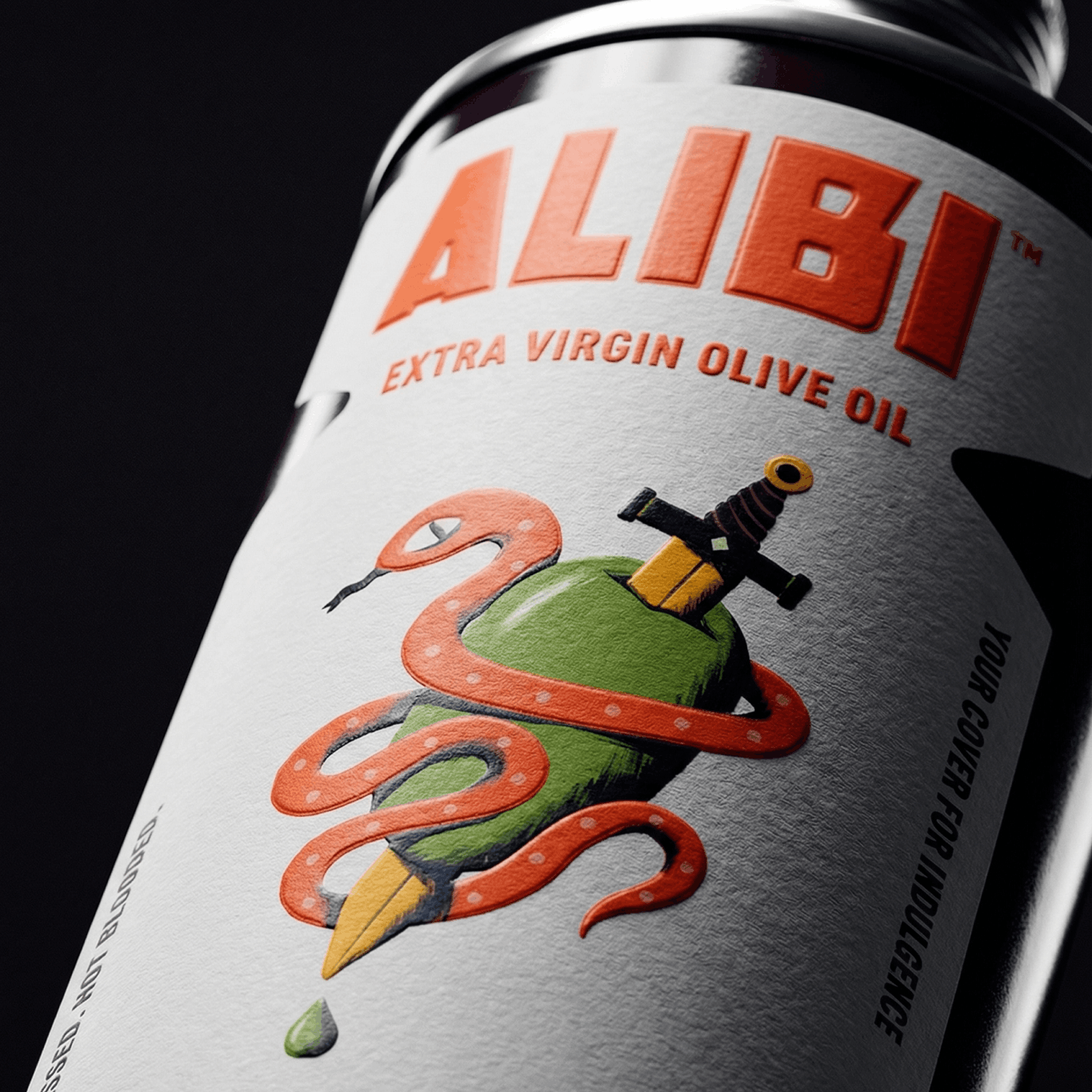 Close-up of ALIBI extra virgin olive oil packaging featuring a colorful illustrated snake wrapped around an olive.