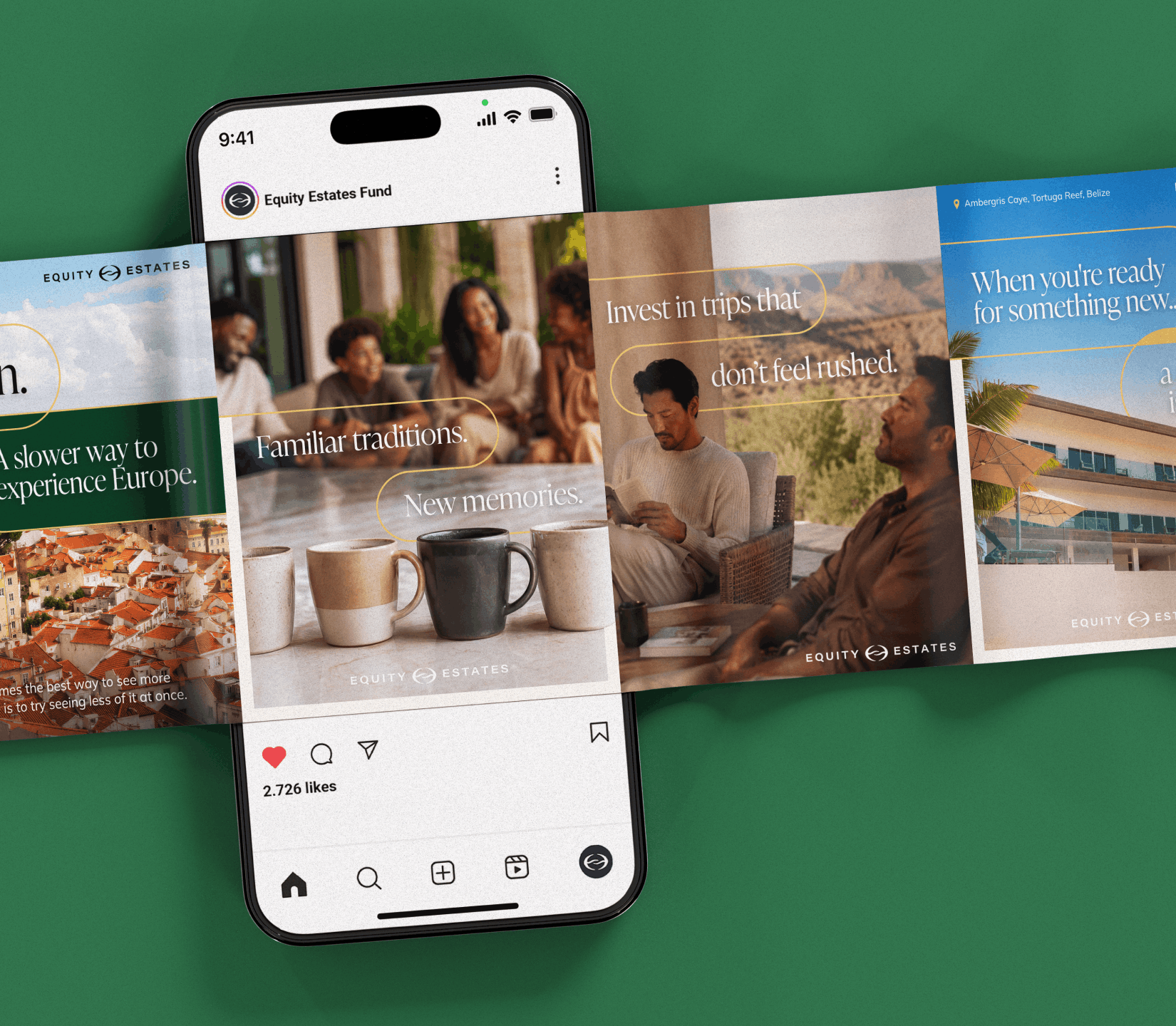 Equity Estates brand campaign shown across social media graphics and a mobile Instagram-style interface.