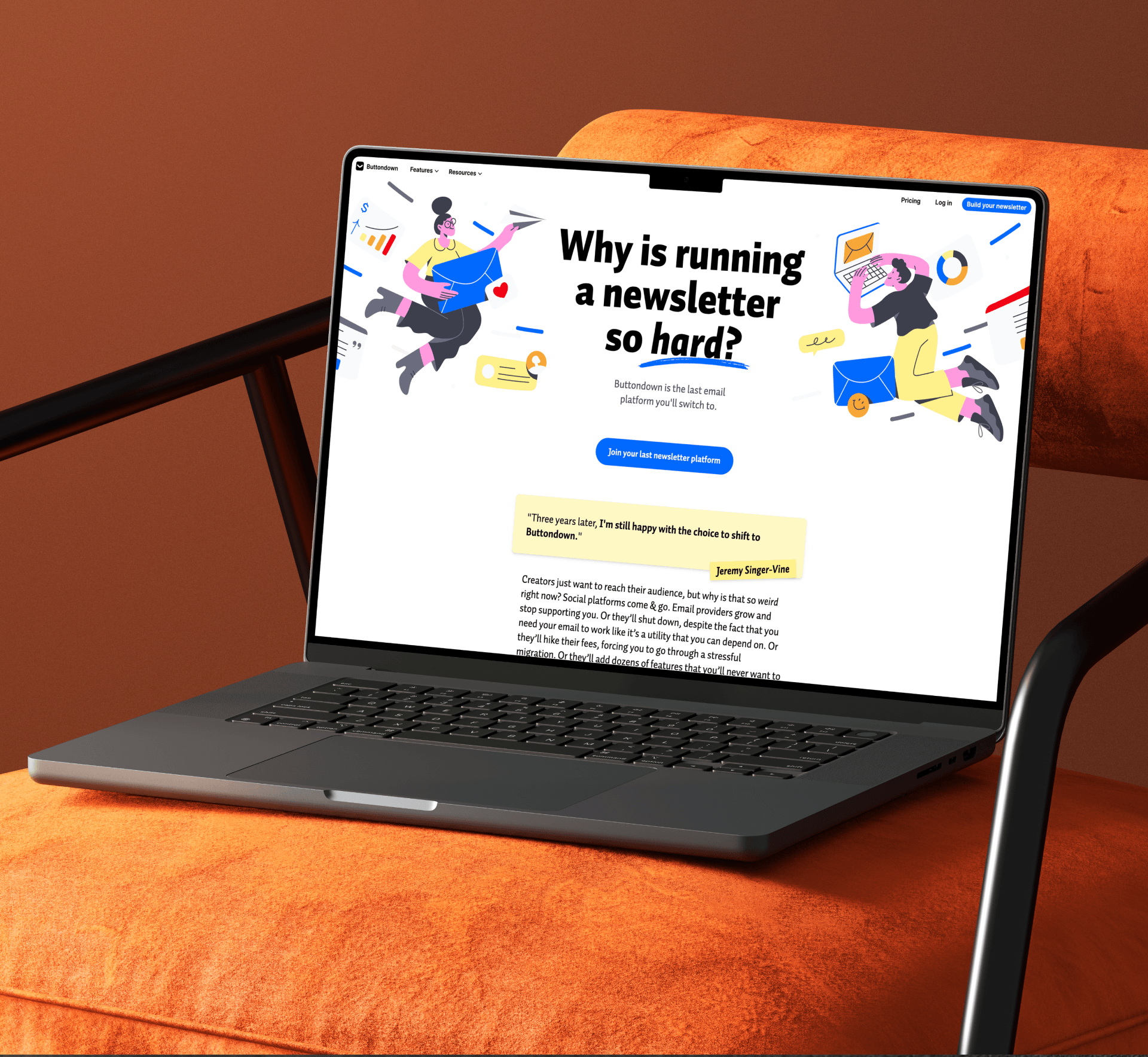 Buttondown website displayed on a laptop with colorful custom illustrations and branded web design.