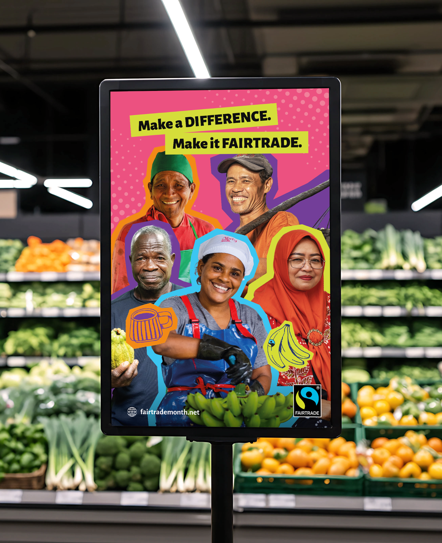 Fairtrade Month campaign poster displayed in a grocery store, featuring colorful portraits, illustrations, and bold campaign messaging.