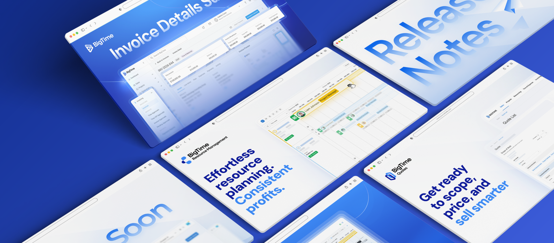 BigTime brand and website system shown across layered desktop and browser mockups with blue branded graphics.