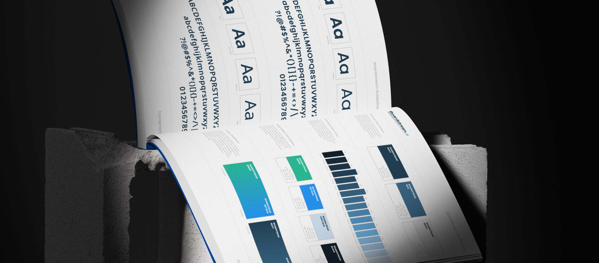 Boardstream brand identity system shown in an open brand guidelines book featuring typography, color, and layout examples.