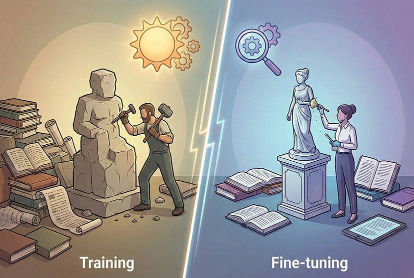 Comparison of AI model training versus fine-tuning: on the left a man sculpts a rough stone block, on the right a woman refines a finished statue to symbolize adapting a pretrained model