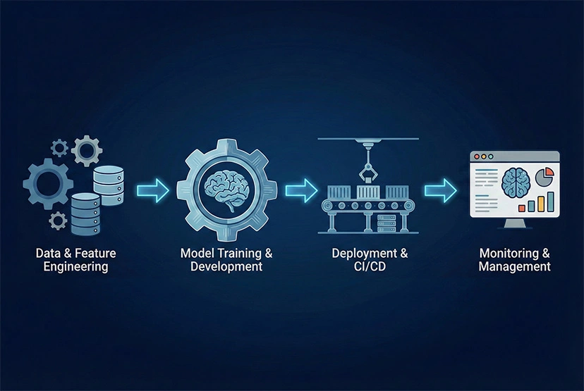 MLOps workflow illustration showing the transition from data engineering and model training to automated deployment and performance monitoring.