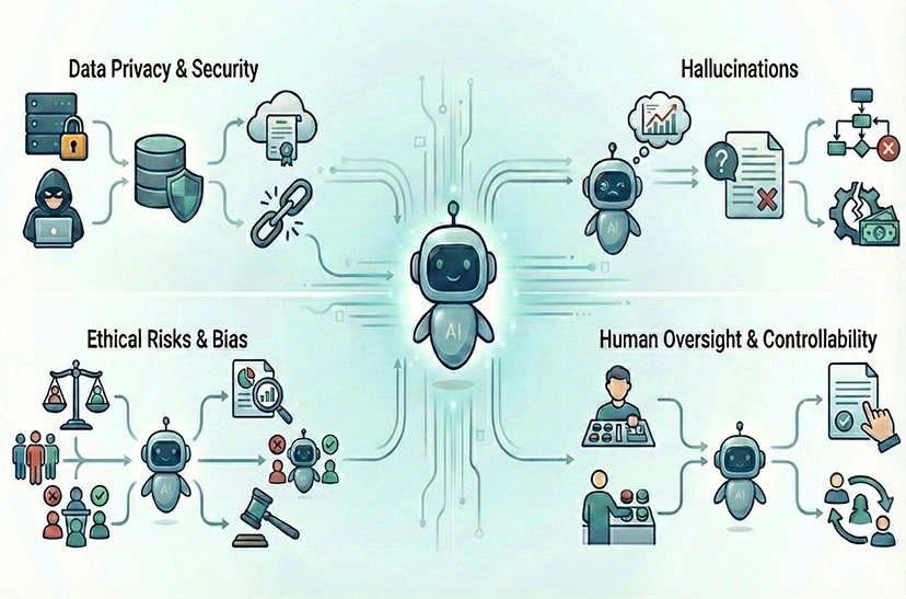 Diagram illustrating four AI challenges: Data Privacy & Security, Hallucinations, Ethical Risks & Bias, and Human Oversight & Controllability.