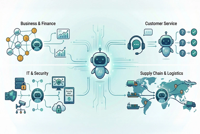 Diagram illustrating AI agents across Business & Finance, Customer Service, IT & Security, and Logistics sectors.