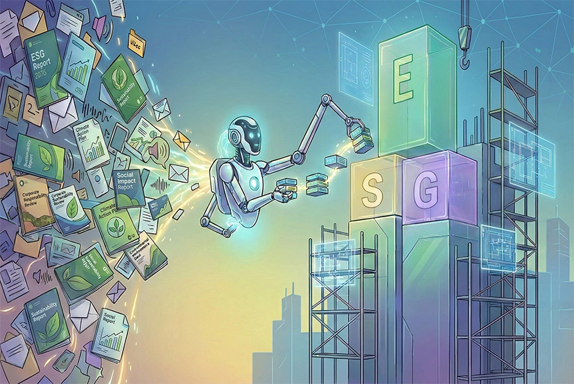 Futuristic AI robot organizing a chaotic stream of documents into structured blocks labeled ESG