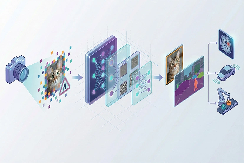 Diagram illustrating image recognition process using convolutional neural networks for object detection and segmentation