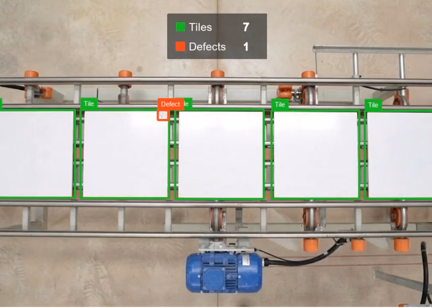 Computer vision system detecting a defective tile on a production conveyor, with real-time defect count.