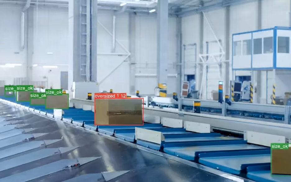 Computer vision system flagging an oversized item on a conveyor while correctly sized items pass.
