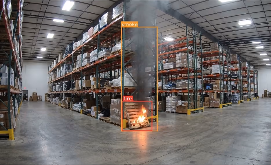 Computer vision system detecting fire and smoke on a warehouse pallet in real time.